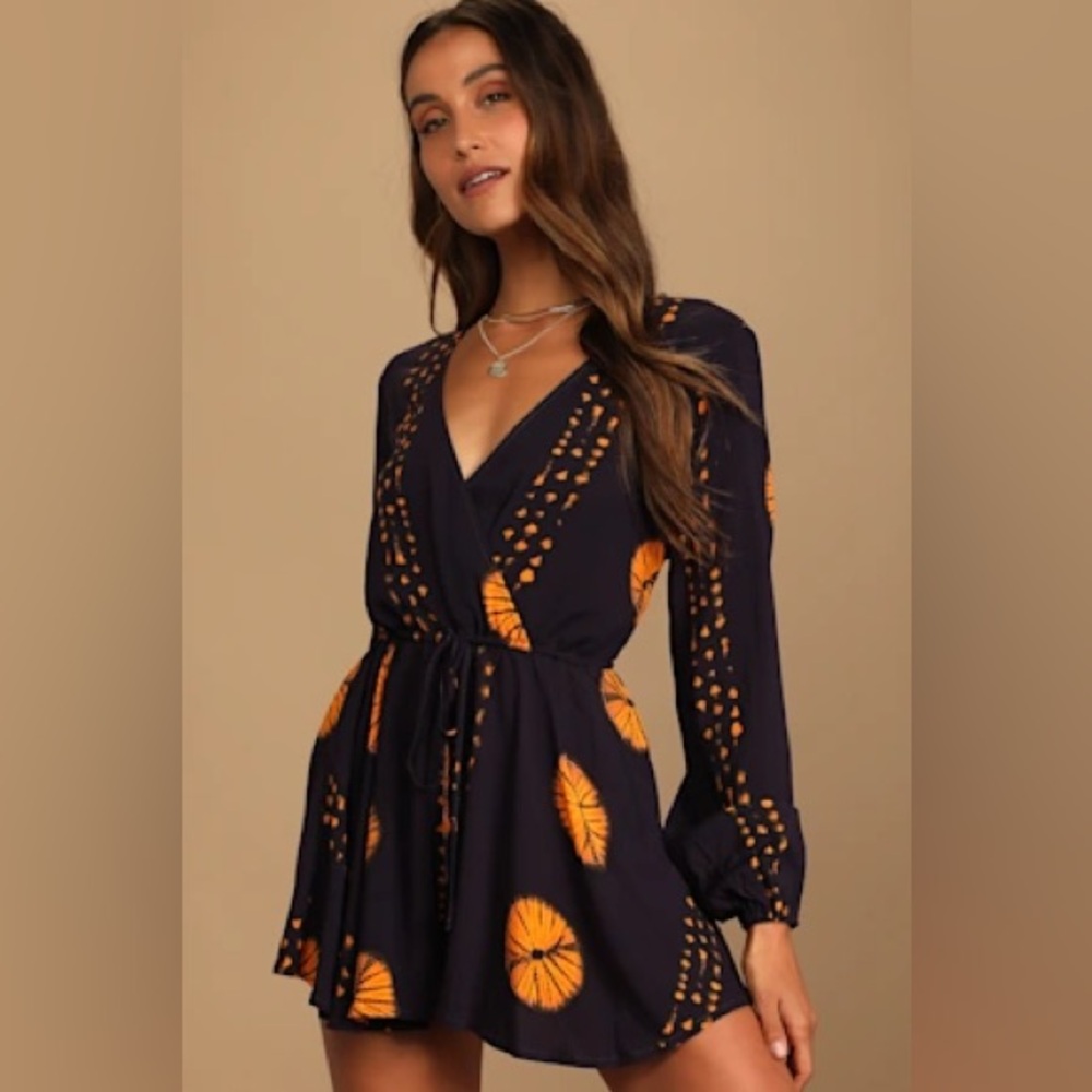 Lulus Adventuresome Dark Purple Tie-Dye Long Sleeve Romper Size Small